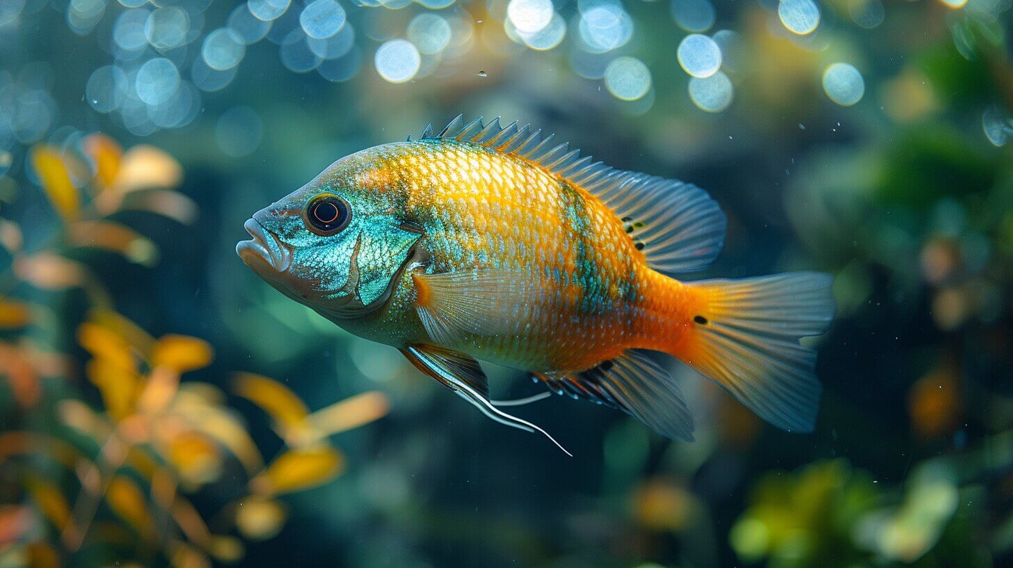 A vibrant Green Terror Cichlid, known for its size, swims in a clear aquarium with lush plants in the background.