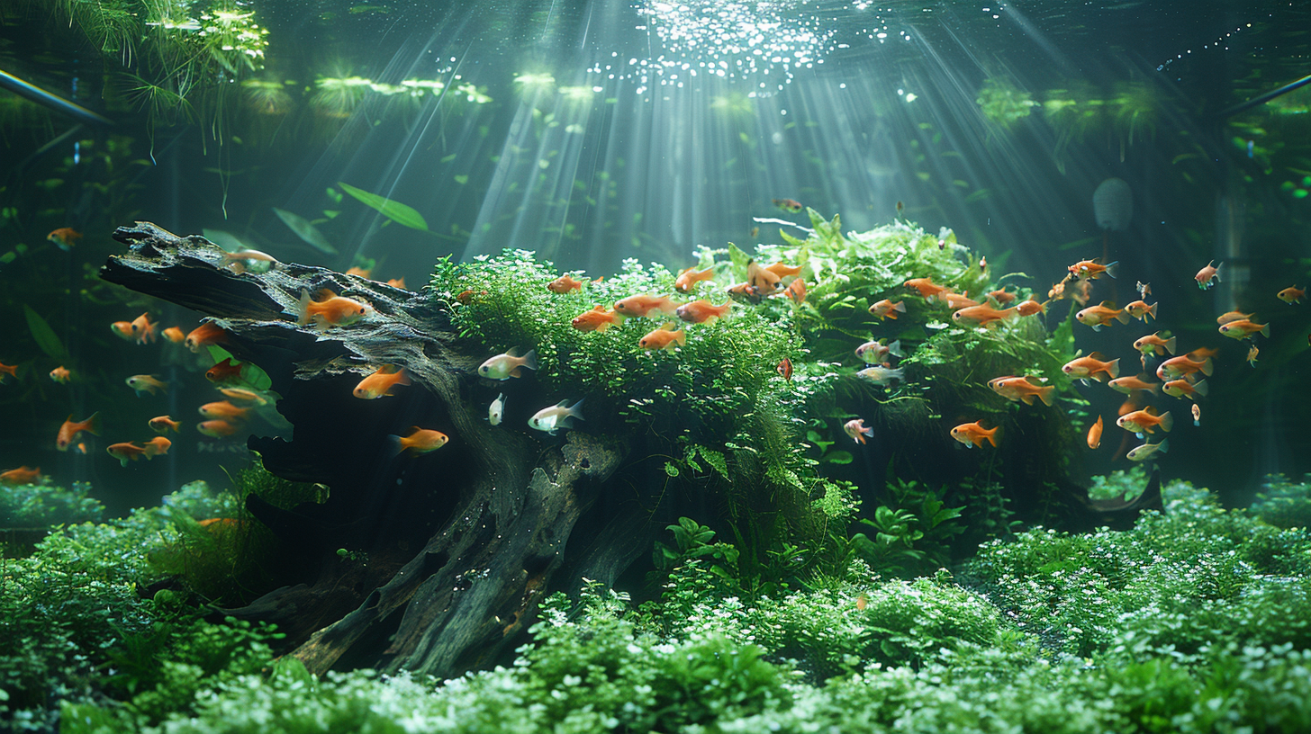 A vibrant underwater scene featuring a school of orange fish swimming around a large piece of driftwood, carefully cured for aquarium use, surrounded by lush green aquatic plants with light rays penetrating the water's surface.