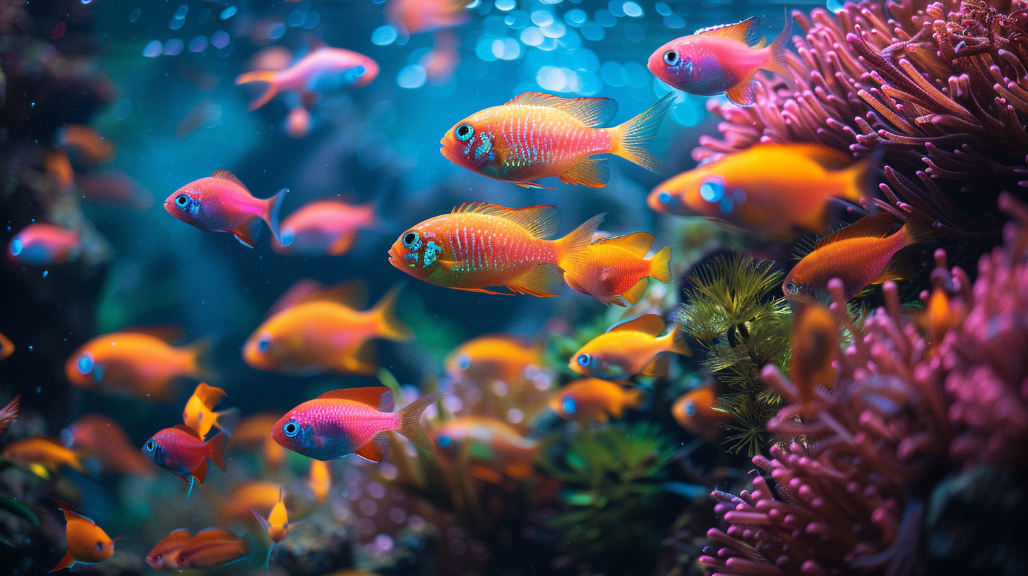 A vibrant underwater scene showcasing numerous orange and pink tropical fish, ideal paradise fish tank mates, swimming near coral reefs and aquatic plants.