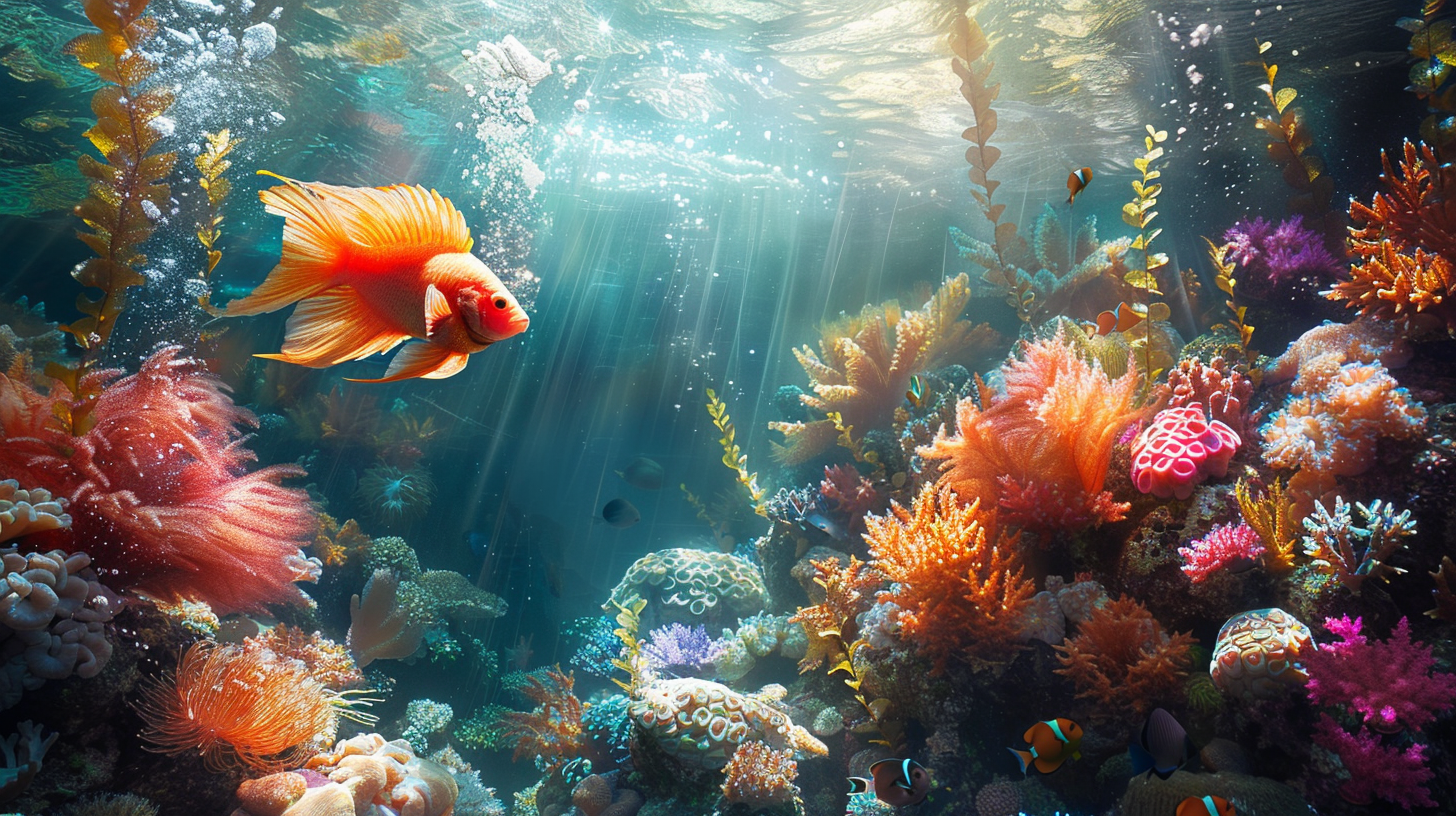A vibrant underwater scene with a goldfish, which can regrow fins, swimming among colorful coral reefs and aquatic plants, illuminated by sunlight filtering through the water.