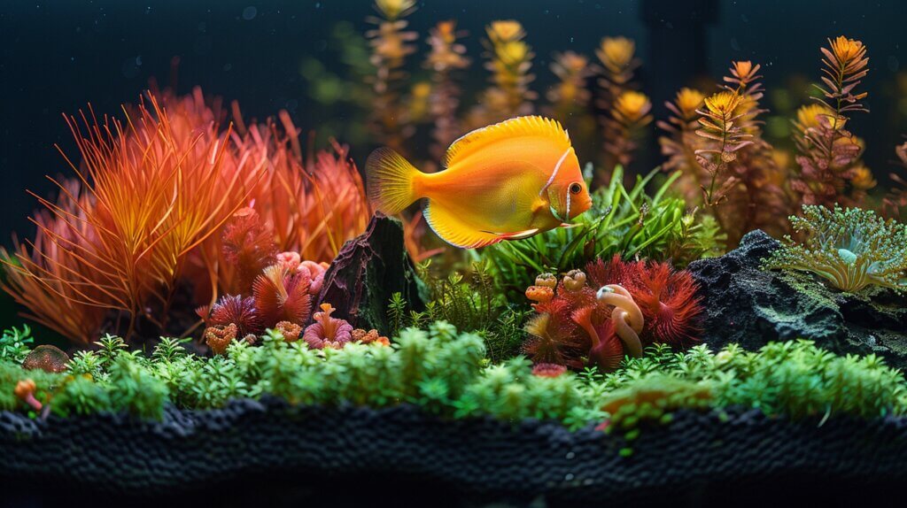 A vibrant yellow fish known as one of the best to clean your tank swims in an aquarium with colorful plants and corals.