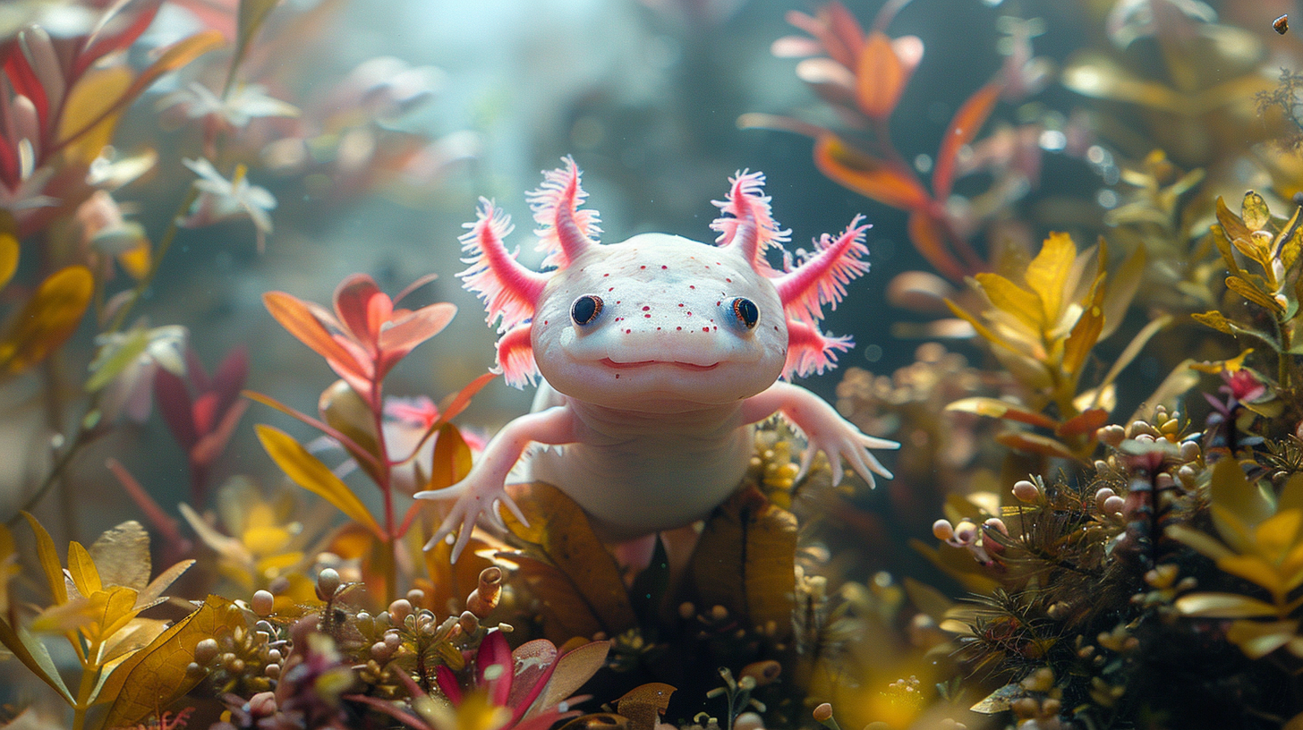 A white axolotl with pink frills swims among colorful aquatic plants in an underwater scene. Can you handle axolotls in such enchanting surroundings?