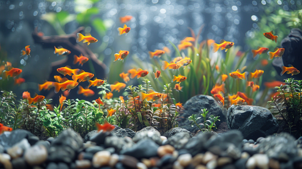 An aquarium filled with numerous small orange fish swimming among green aquatic plants, rocks, and pebbles at the bottom, sparking curiosity about whether loaches eat shrimp.