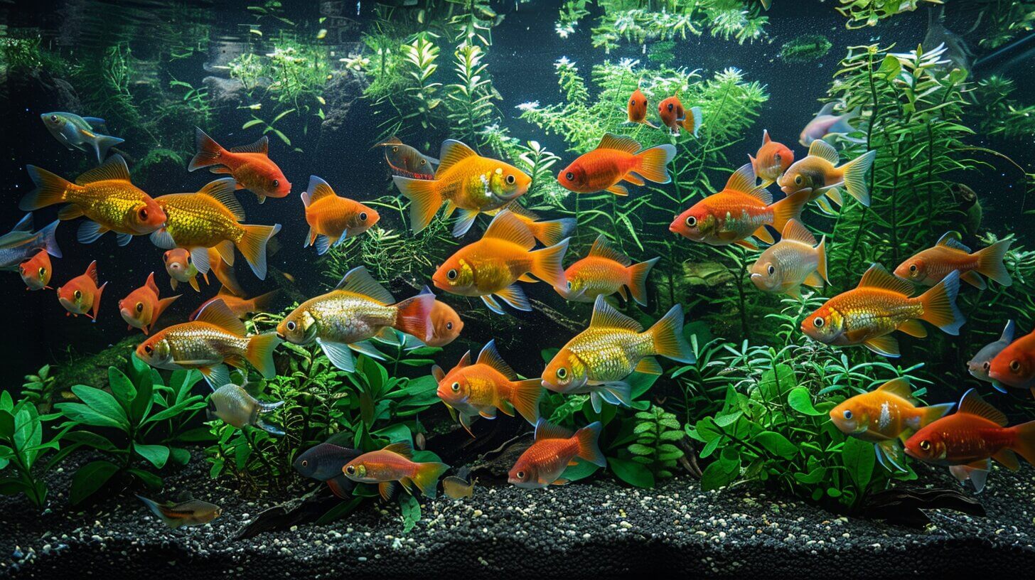 An aquarium filled with various goldfish and tropical fish swimming amongst green aquatic plants, making it a serene underwater garden. For those wondering, some of the best fish to clean your tank are also part of this vibrant community.