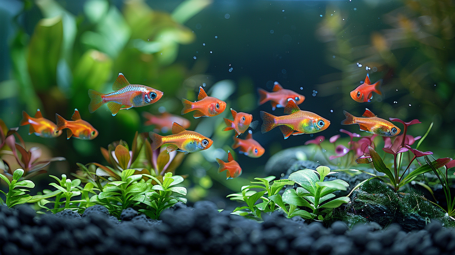 An aquarium with a variety of small colorful fish, including paradise fish, swimming among green plants and rocks provides a perfect habitat for their tank mates.