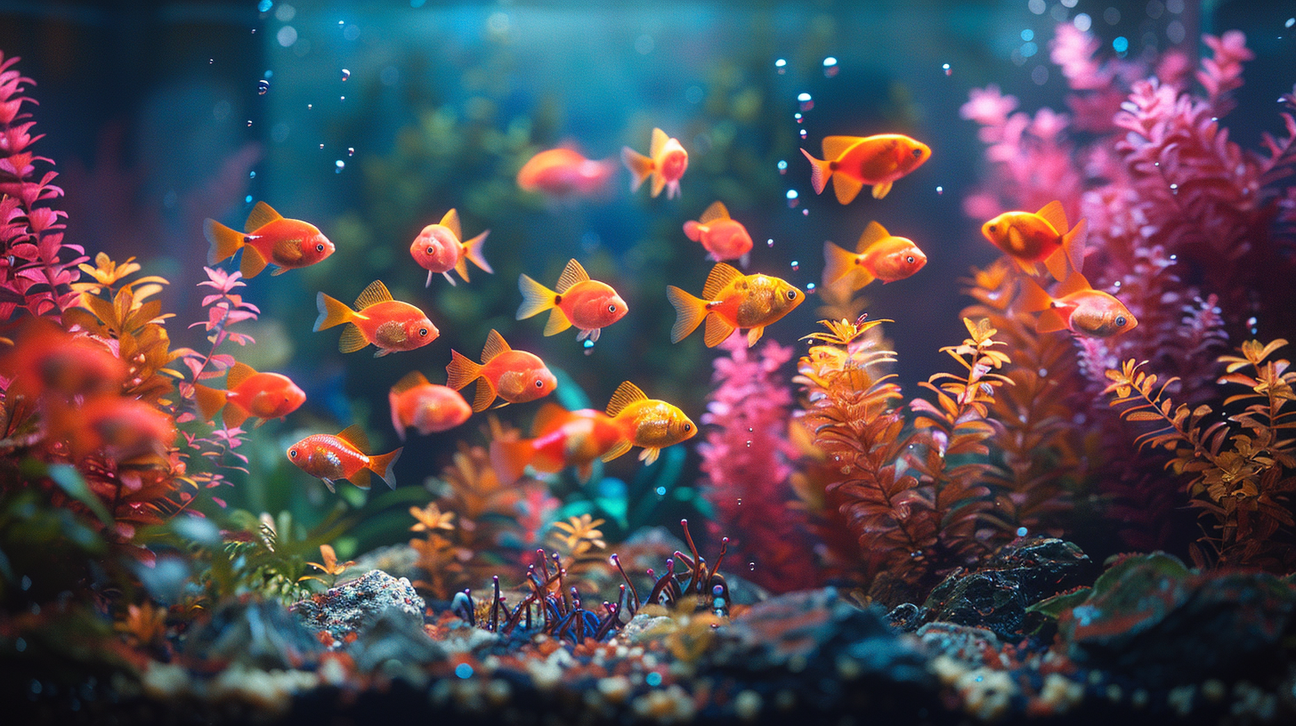 An aquarium with multiple orange fish swimming among vibrant pink and orange aquatic plants, while bubbles rise through the water. Black worms in the fish tank wiggle along the substrate, adding to the underwater scene.