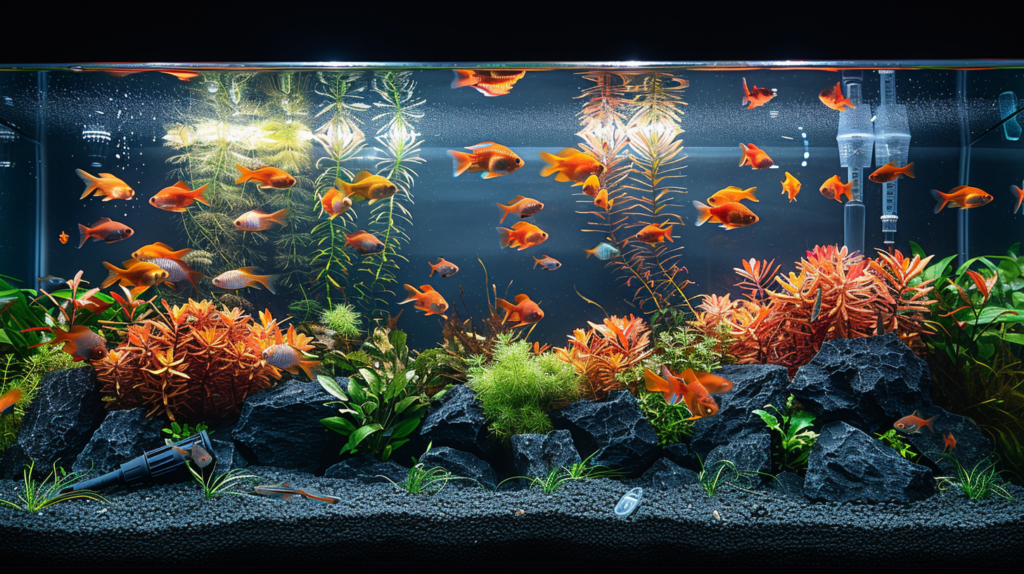 An aquarium with numerous small orange fish swims among green and red plants, black rocks, and precisely the right amount of gravel—ideal for those wondering how many pounds of gravel for a 10-gallon tank.