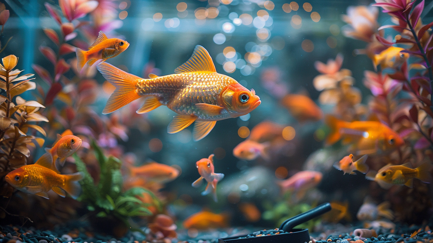 An aquarium with various sizes of goldfish swimming among plants and pebbles, demonstrating the perfect setup of how many pounds of gravel for a 10-gallon tank.