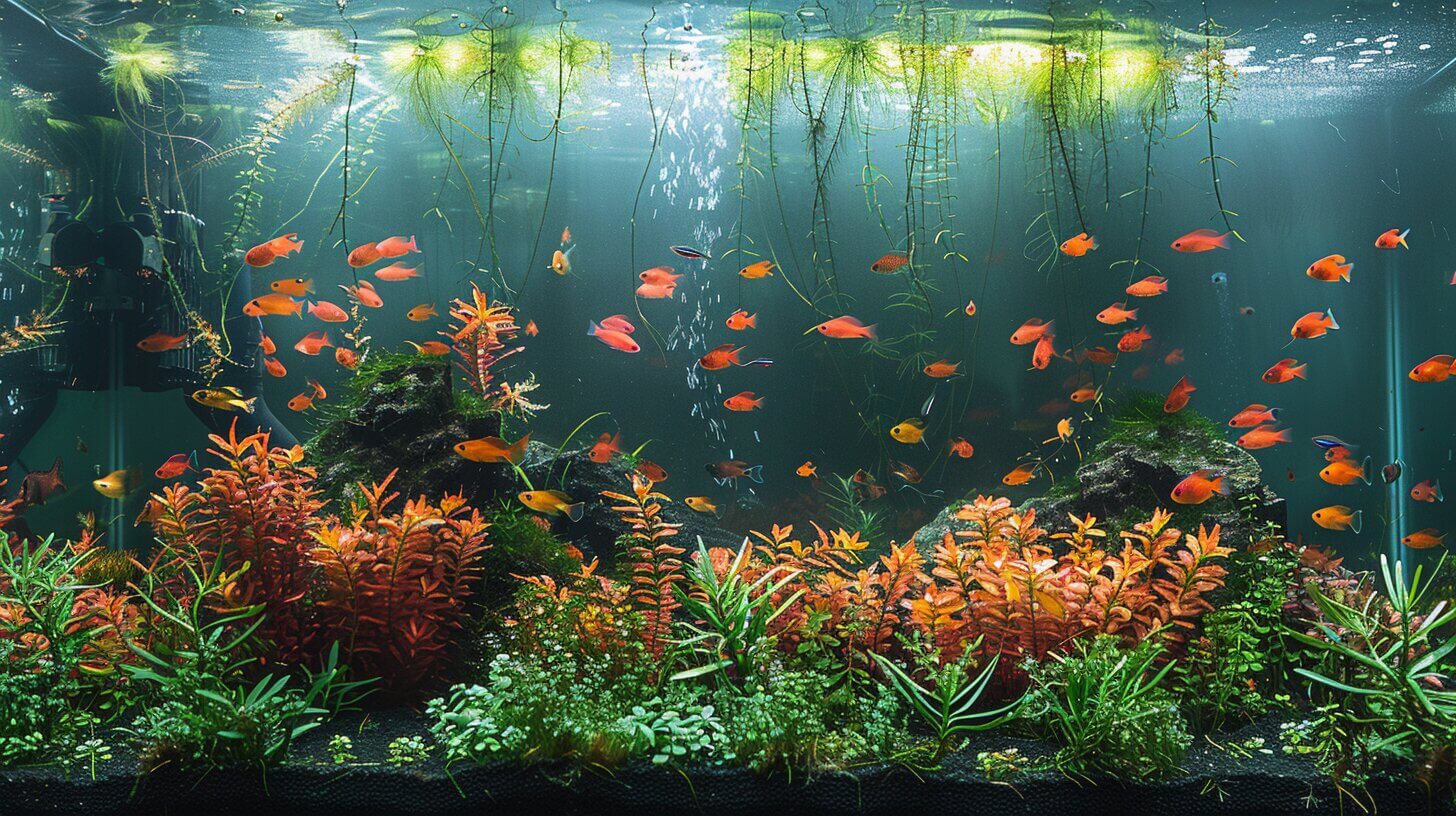 An aquarium with vibrant orange fish, lush green plants, and some floating vegetation. The water is clear, showcasing the aquatic life and scenery distinctly—ideal habitat for the best freshwater algae eaters to thrive.