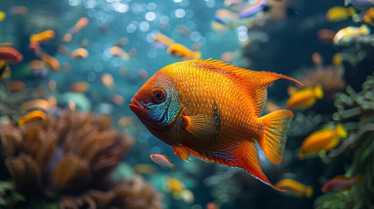 An orange fish with blue highlights swims in an aquarium with other small fish and plants in the background, making it a perfect companion for those considering large fish for their tank.