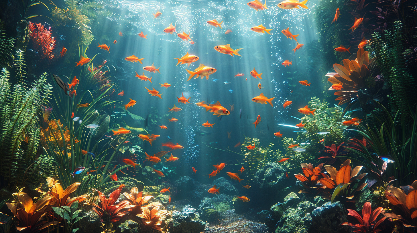 An underwater paradise with numerous orange fish swimming among vibrant, colorful aquatic plants, illuminated by sunbeams – a perfect setting for paradise fish and their tank mates.