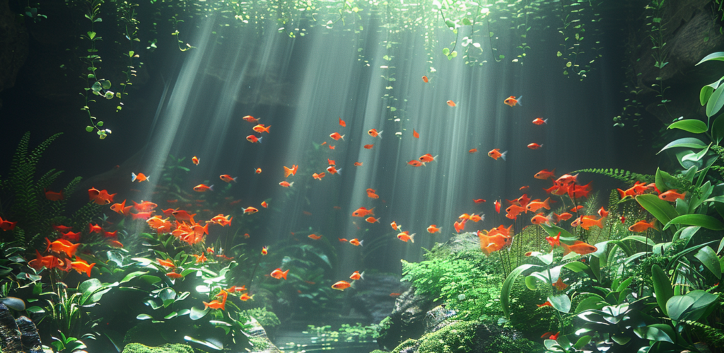 An underwater scene featuring numerous bright orange fish swimming among green aquatic plants, with light streaming down from above, makes one wonder: do loaches eat shrimp in such vibrant ecosystems?