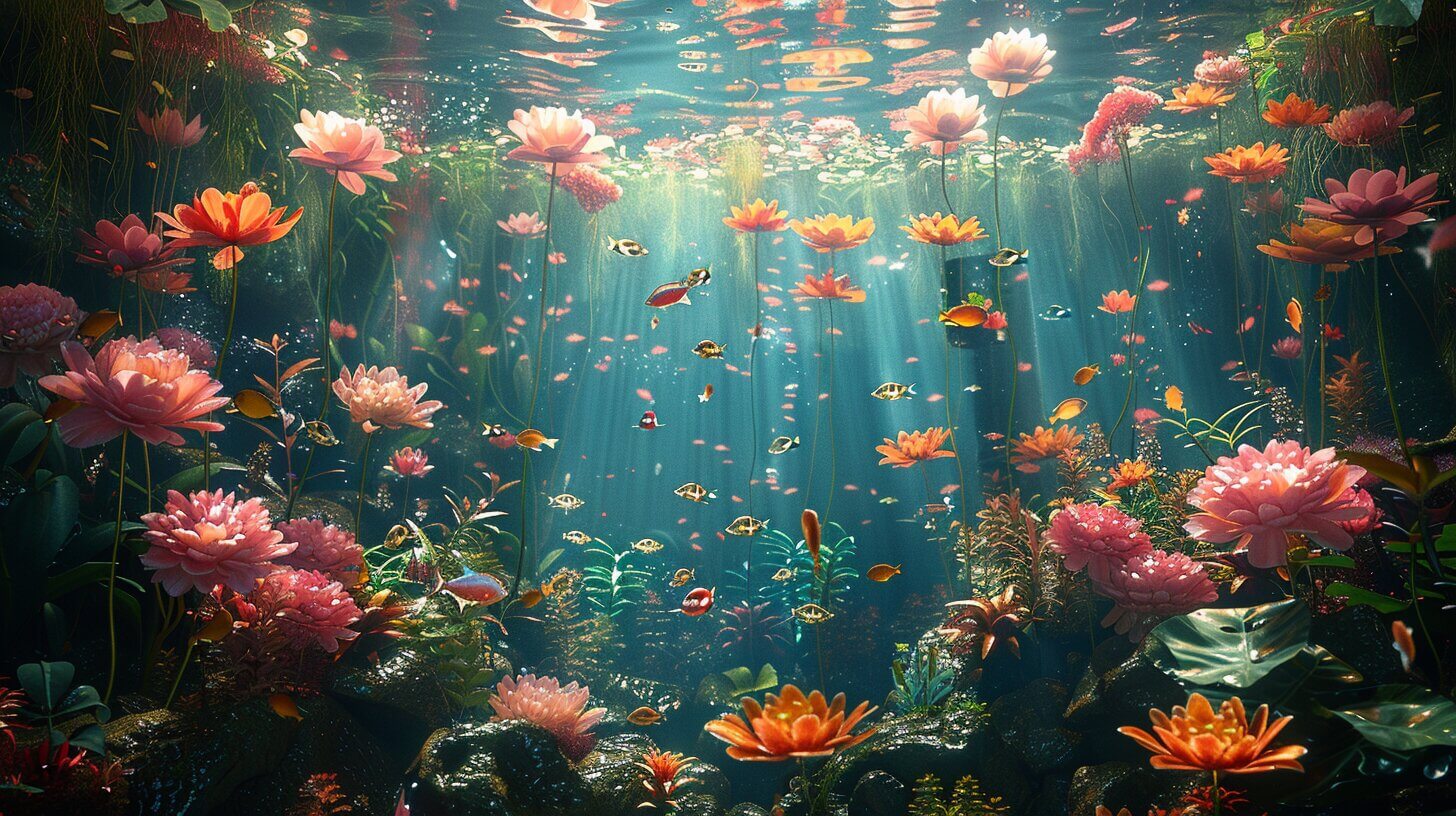 An underwater scene with vibrant pink and orange flowers, various fish swimming—including the best fish to clean your tank—and sunlight penetrating through the water, illuminating the lush aquatic environment.