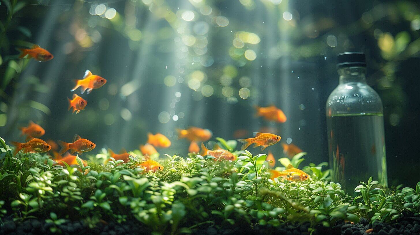 Aquarium scene with multiple goldfish swimming among plants, illuminated by sunlight. A closed bottle with water is placed on the right side among the greenery, silently sparking the question: Will vinegar kill algae in a fish tank?