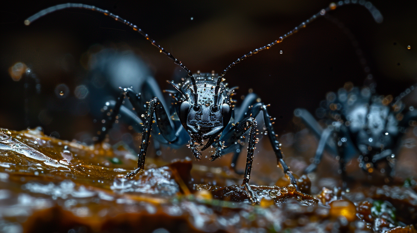 Close-up image of an ant walking on a wet surface, with another ant blurred in the background. Water droplets are visible on the ants and the surface, while tiny bugs that jump can be seen scattered across the scene.