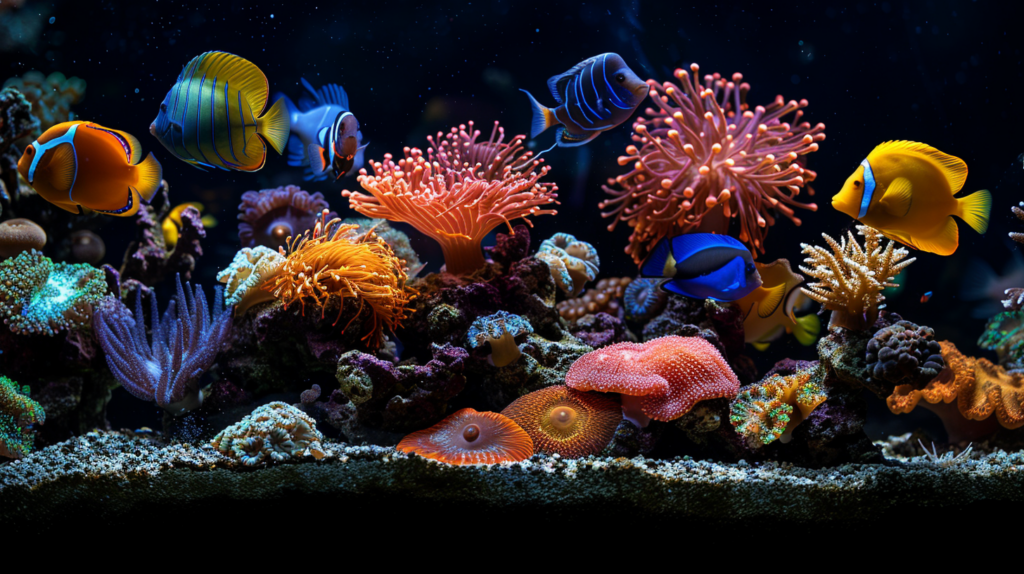 Colorful fish swim among vibrant corals and sea anemones in an underwater scene with a black background, leaving one to ponder questions like, "How big do Ranchu Goldfish get?