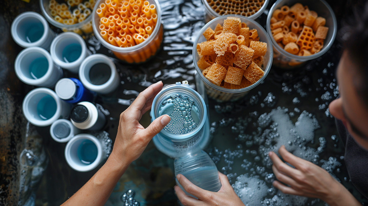 Hands arranging various filter media in a water setting, including different sizes and shapes of ceramic and sponge materials for a DIY fish filter, with bubbles and containers filled with blue liquid visible.