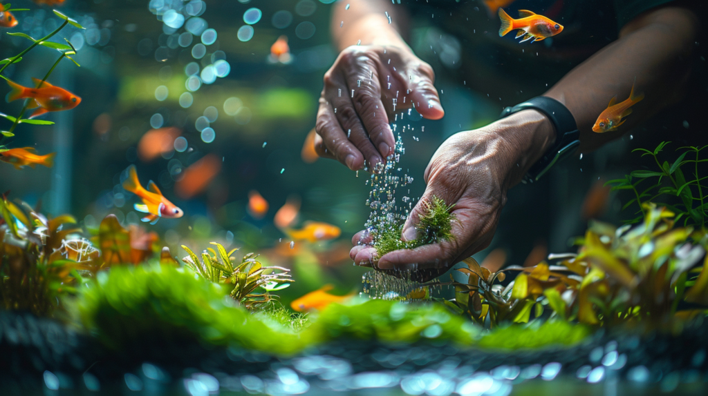 Hands planting greenery in an aquarium with small orange fish swimming around, unaware that the fish tank filter is not working after cleaning.