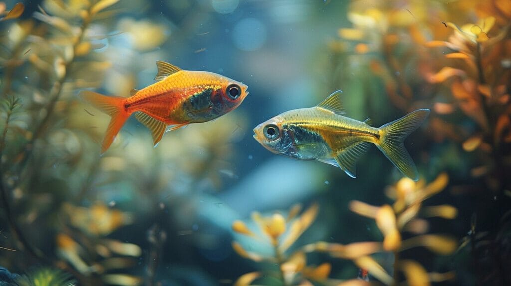 healthy neon tetra swimming effortlessly in a clean tank contrasts with another neon tetra struggling due to swim bladder disease