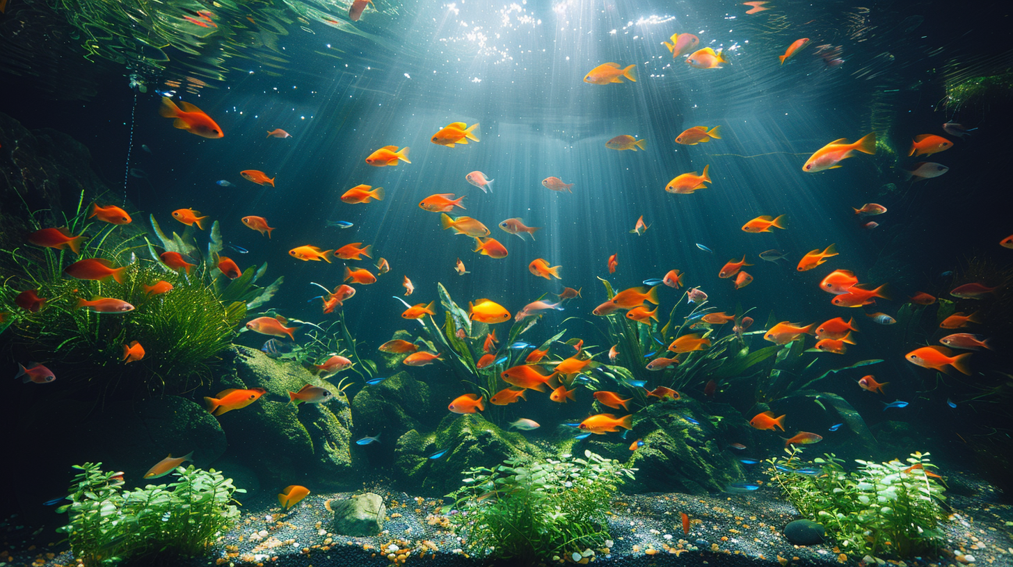 Many orange fish swim among green plants in a well-lit, filterless fish tank with light streaming down from above.