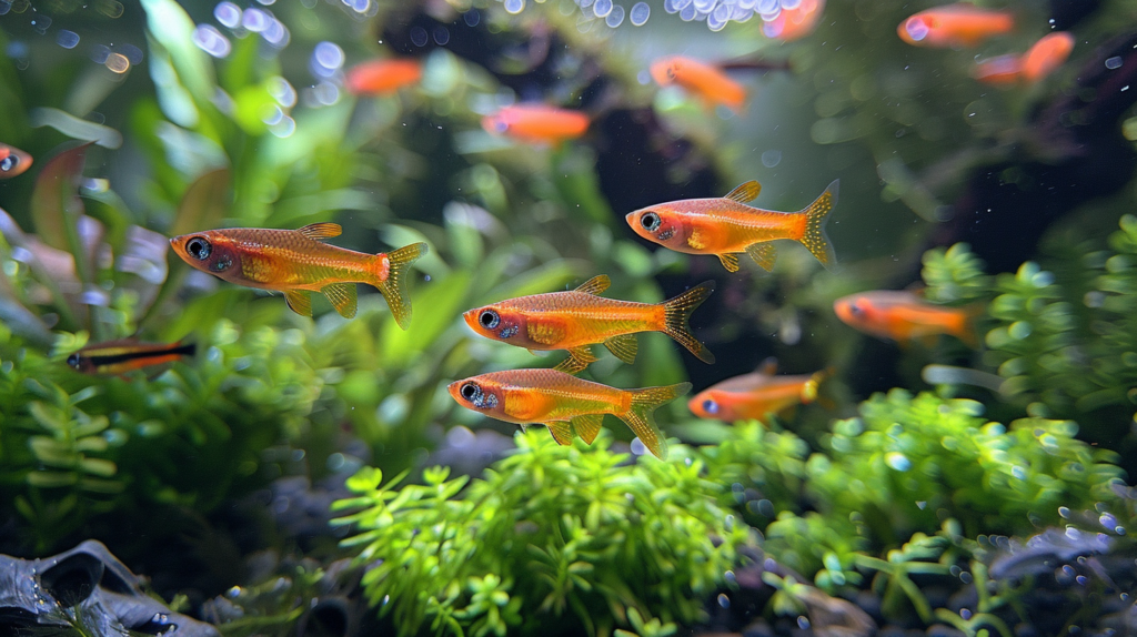 Several small, orange Chili Rasbora swim among green plants in a freshwater aquarium, perfectly content with the maintained water parameters.
