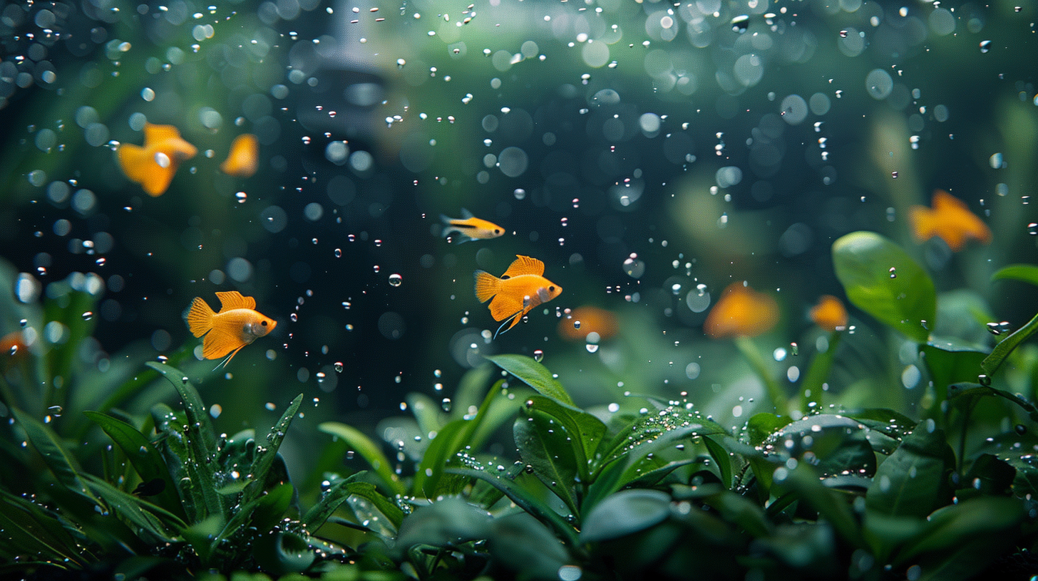 Several small orange fish swim among green aquatic plants in a freshwater aquarium, with bubbles dispersed throughout the water, thanks to a diy fish filter keeping the environment pristine.