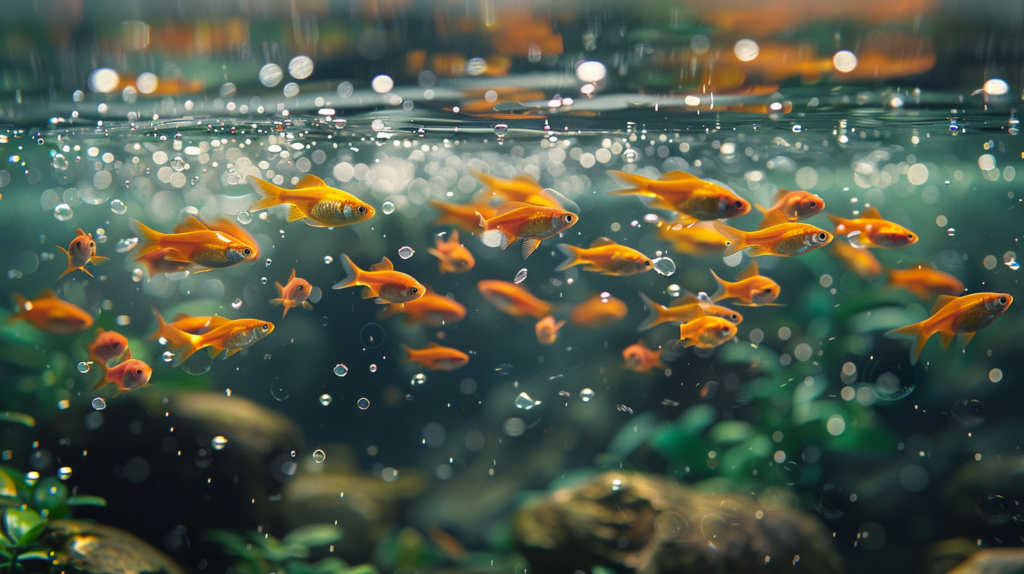 Several small orange fish swim in a clear aquarium, surrounded by plants and bubbles, but the fish tank filter is not working after cleaning.