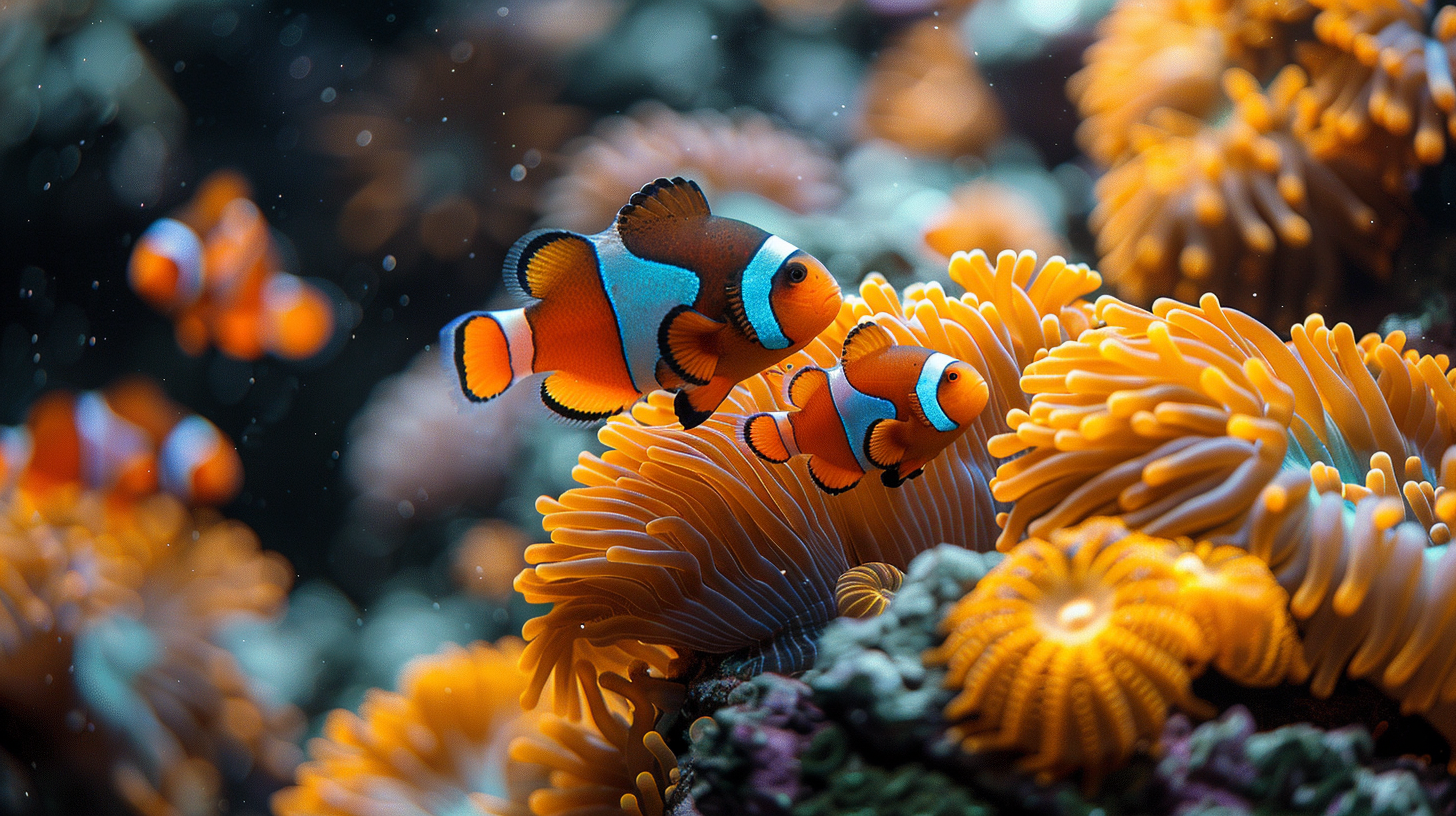 Two clownfish swim near anemones in a vibrant coral reef while three other clownfish are seen blurred in the background, showcasing the beauty you can achieve by learning how to maintain a saltwater fish tank.