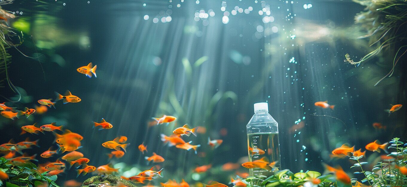 Underwater scene featuring numerous orange fish swimming around a floating plastic water bottle among green plants, with sunlight streaming through the water. A question lingers: will vinegar kill algae in a fish tank, improving clarity?