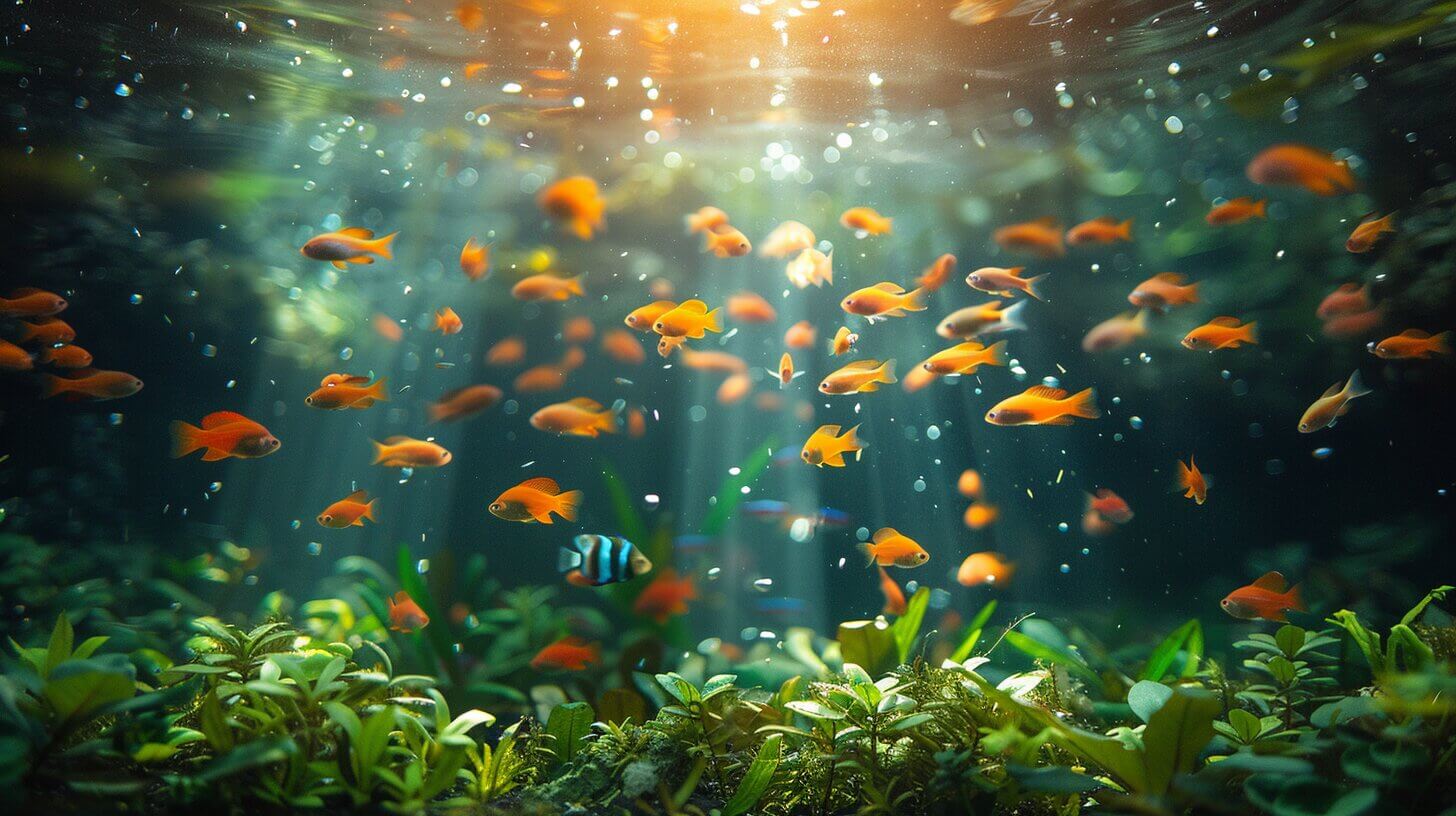 Underwater scene featuring numerous small orange fish swimming among green plants and Black Beard Algae, with sunlight filtering through the water.