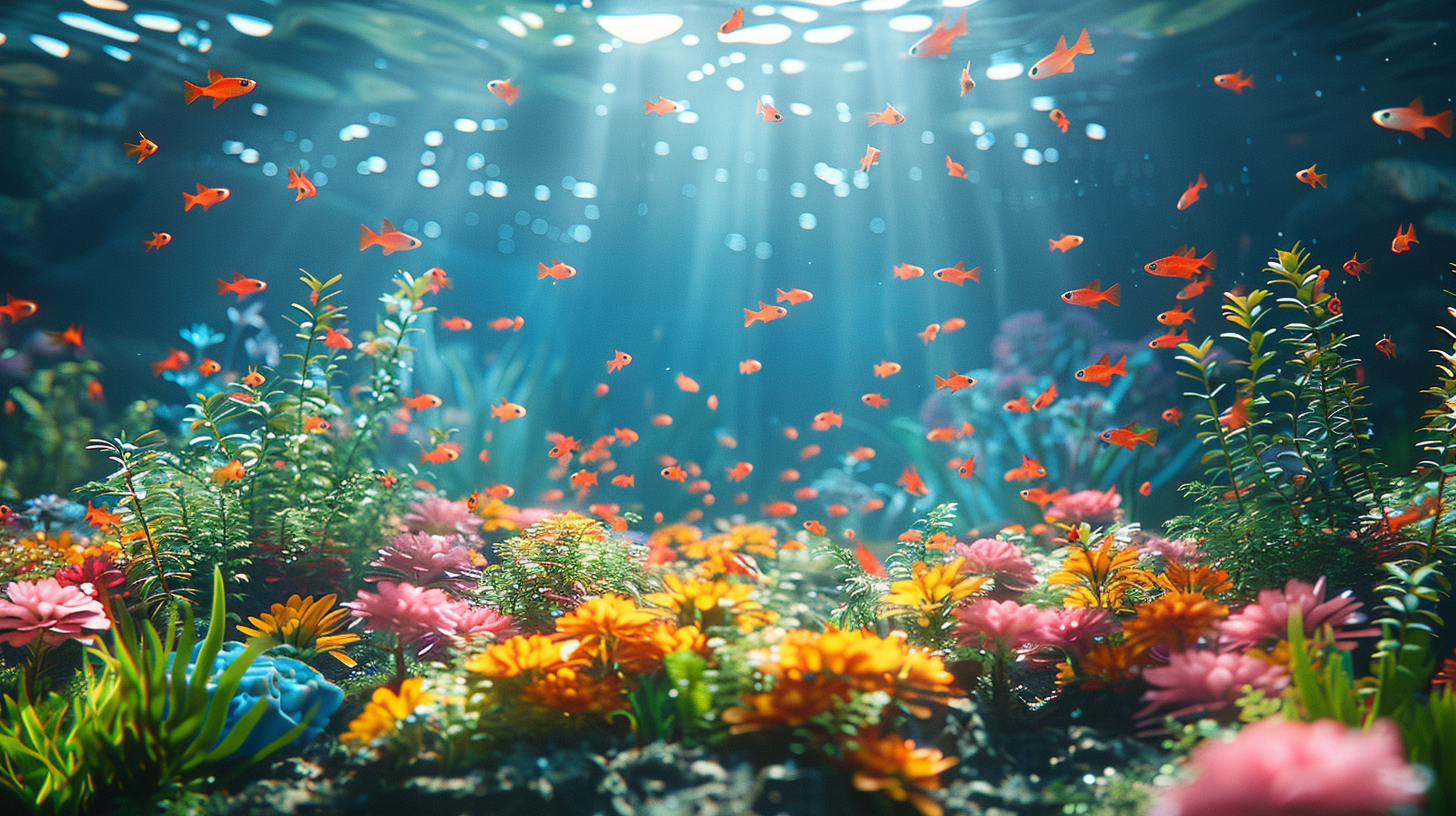 Underwater scene with sunlight filtering through the surface, illuminating numerous small orange fish and loaches swimming among colorful corals and aquatic plants.