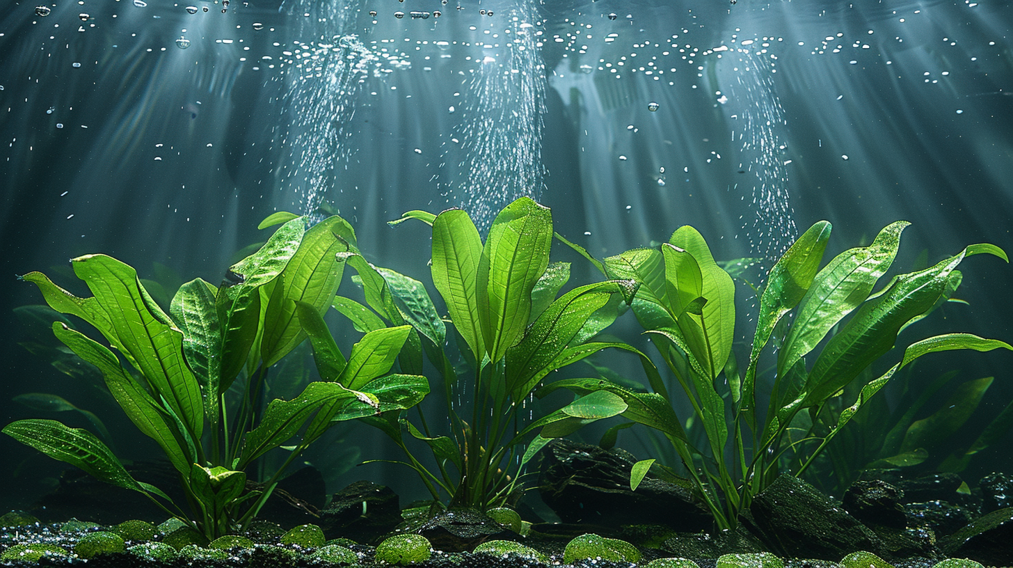 Underwater view of a lush, green aquarium with tall Amazon Sword plants and streams of bubbles rising to the surface, illuminated by beams of light from above.