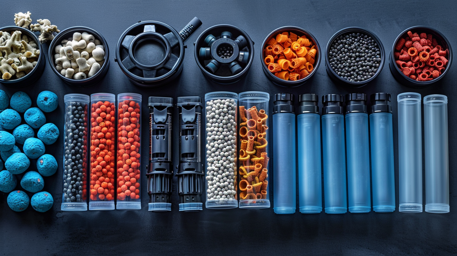 Various colored beads, black containers with different colored materials, blue cylinders, and tubes are arranged on a dark surface in a neat, organized manner, mimicking the components of a DIY fish filter.
