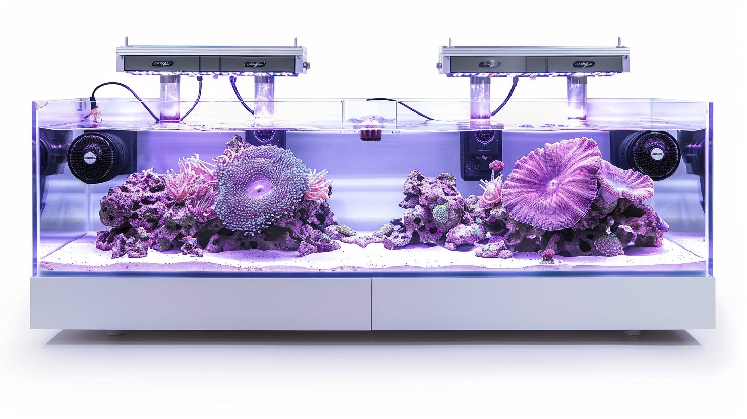 An advanced reef tank with precision chillers and cooling fans.