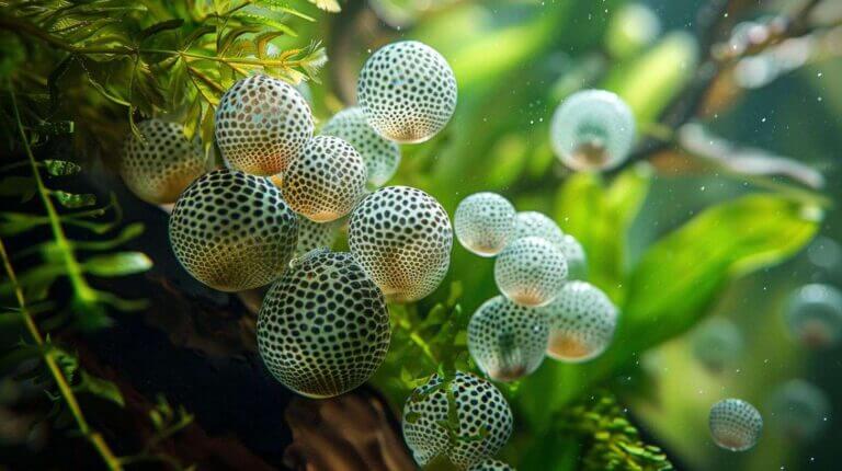 Close-up of mystery snail eggs on aquarium glass with natural light.