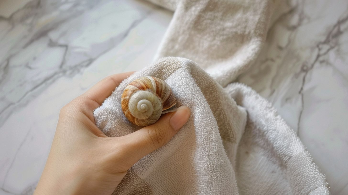 A hand wipes a mystery snail egg clutch to prevent mold.
