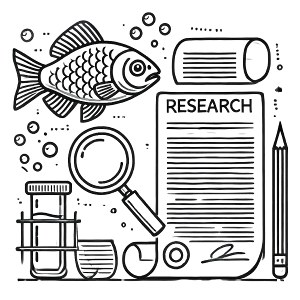 a black and white illustration depicts elements of scientific research including a fish rolled paper labeled research magnifying glass test tube beaker and a pencil with bubbles in the background