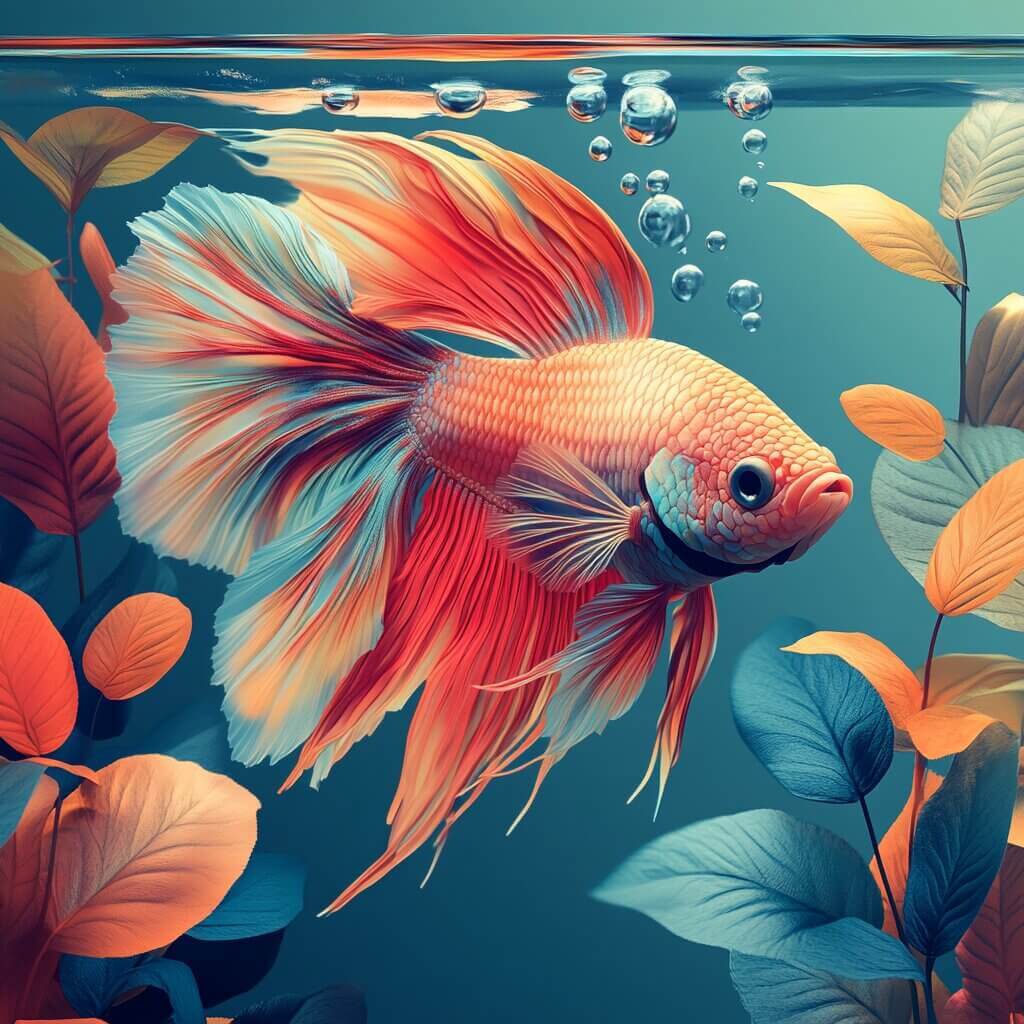 Betta fish in geometric aquarium with air pump bubbles in flat design.