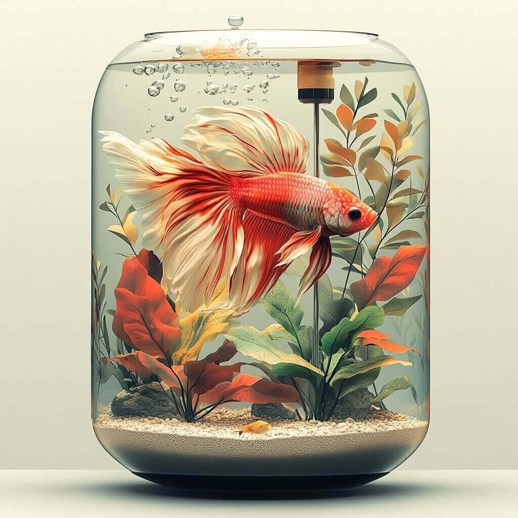 Betta fish with geometric plants and air pump bubbles in flat design.