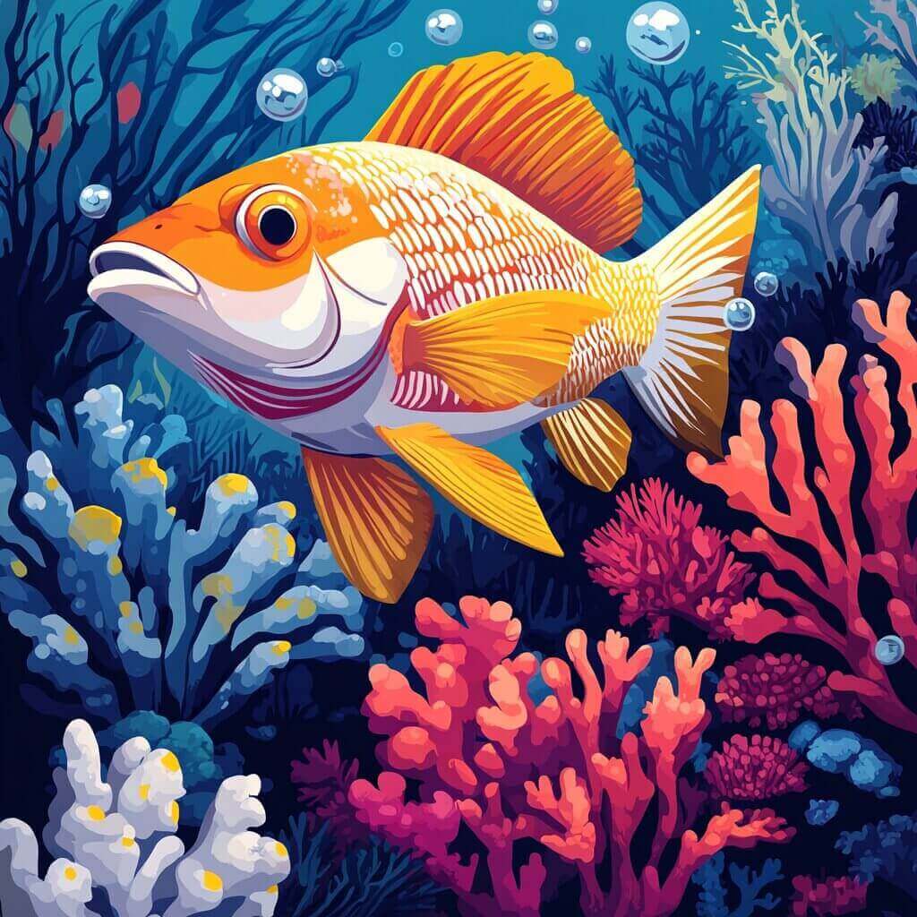 A brightly colored fish swims among vibrant coral and sea plants in an underwater scene. Bubbles rise around the fish, while shades of blue create a serene background, highlighting the wondrous way fish can breathe oxygen underwater.