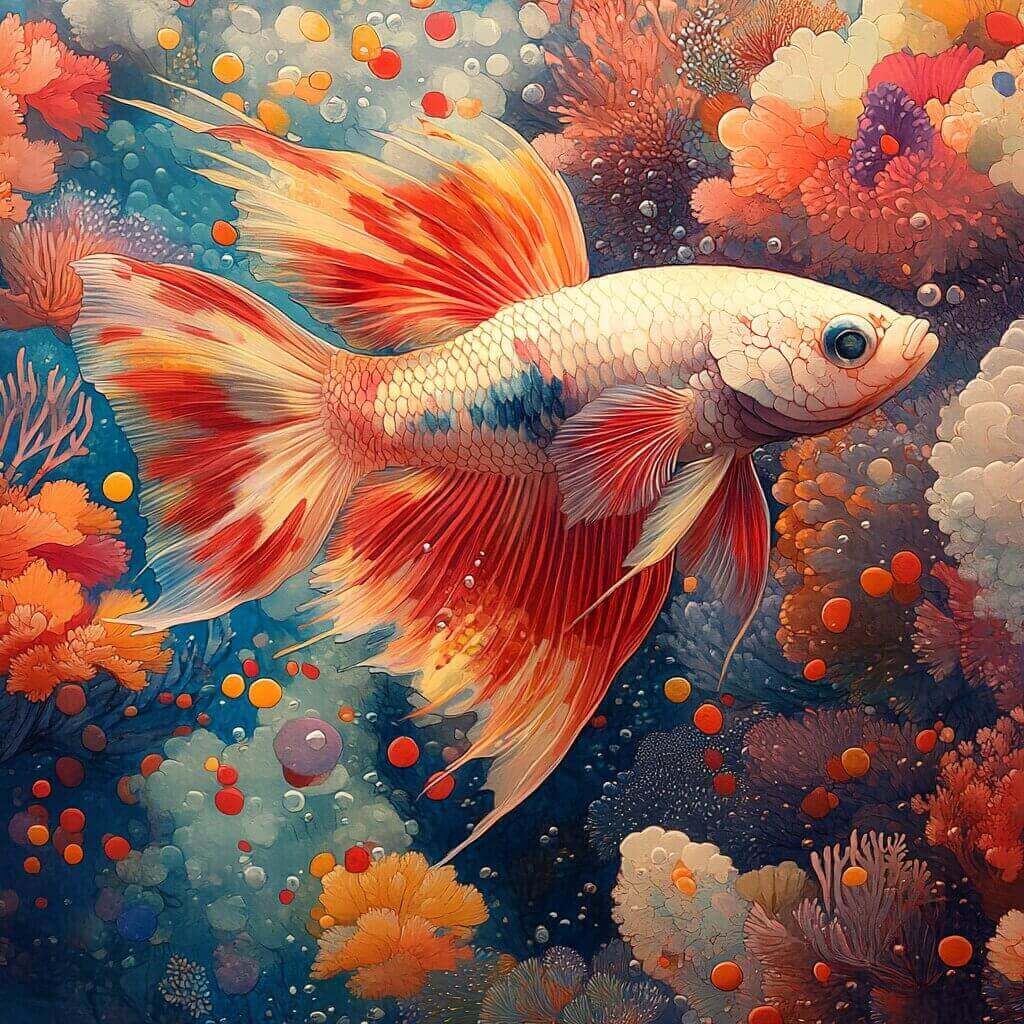 A colorful fish swims among vibrant, abstract underwater elements in this artistic illustration. The fish has vivid red, orange, and yellow hues, reminiscent of a well-fed beta.