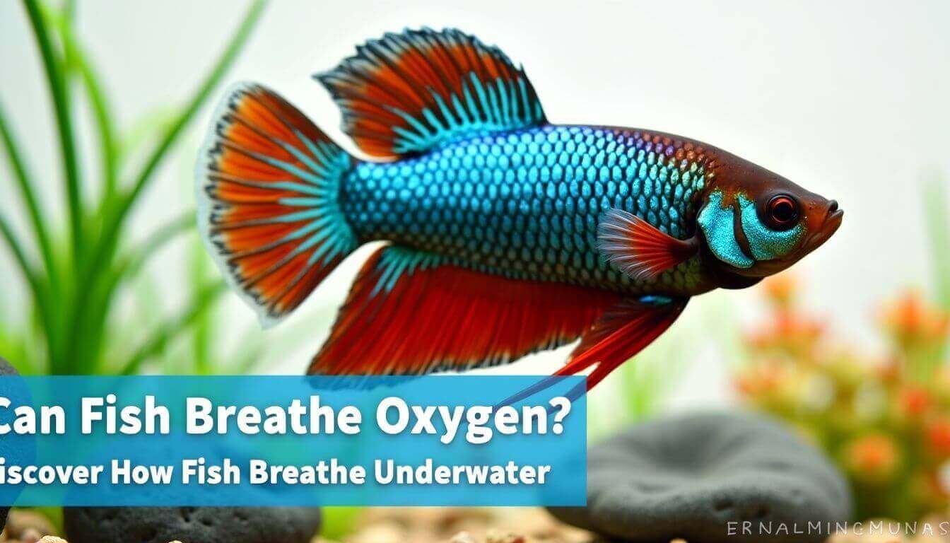 A colorful fish swims in an aquarium with text overlay: "Can Fish Breathe Oxygen? Discover How Fish Breathe Underwater.