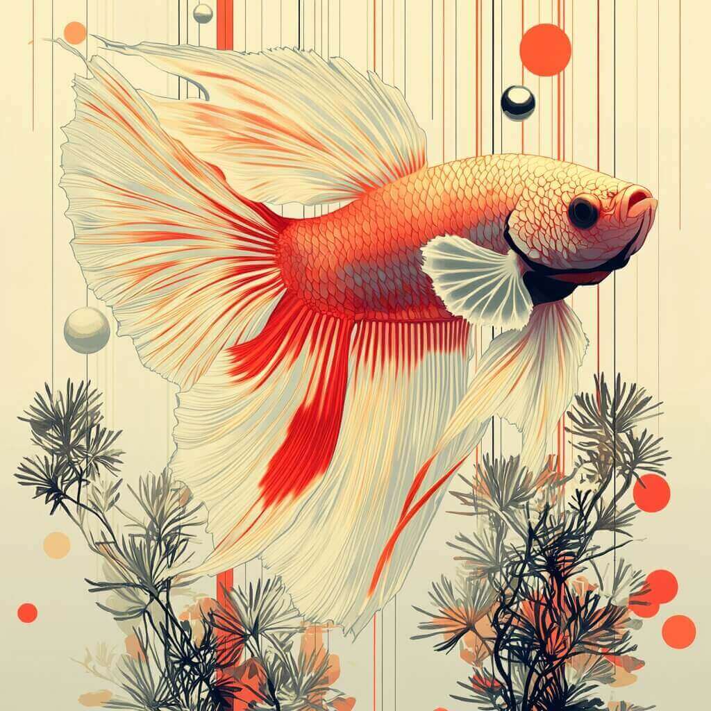 A detailed drawing of a red and white betta fish swimming upward, surrounded by abstract shapes and aquatic plants, subtly invites you to ponder how do you breed betta fish.