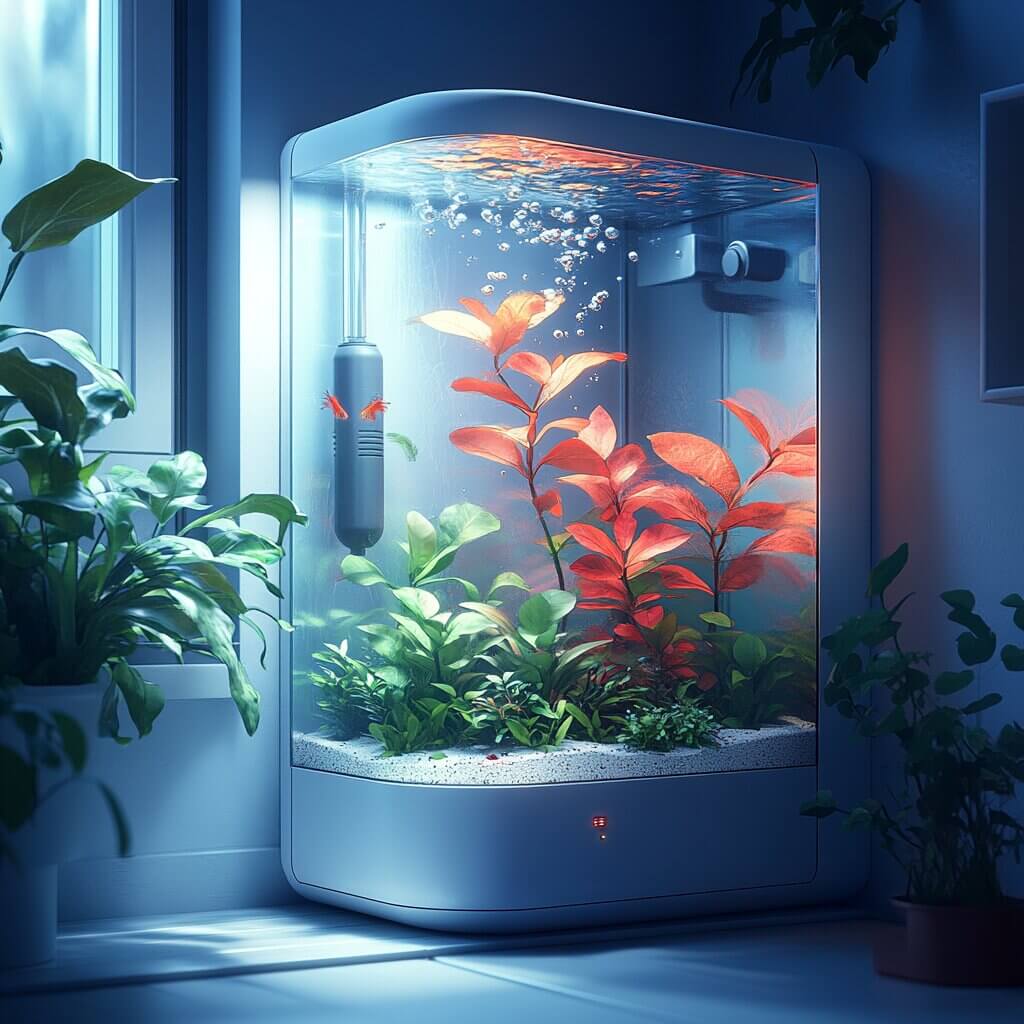 A modern aquarium with red and green plants, automated features, and two small red fish, sits in a room with natural light. Wondering if your betta fish needs an air pump? This setup ensures optimal conditions for all aquatic life.