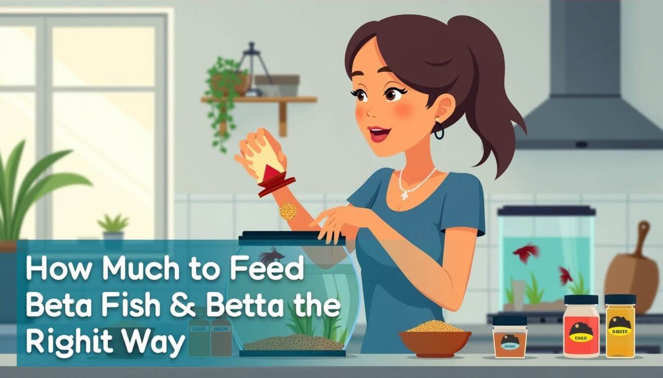 A person feeds a beta fish in an aquarium. Text on the image reads, "How Much to Feed Beta Fish & Betta the Right Way." Containers of fish food are on the counter.