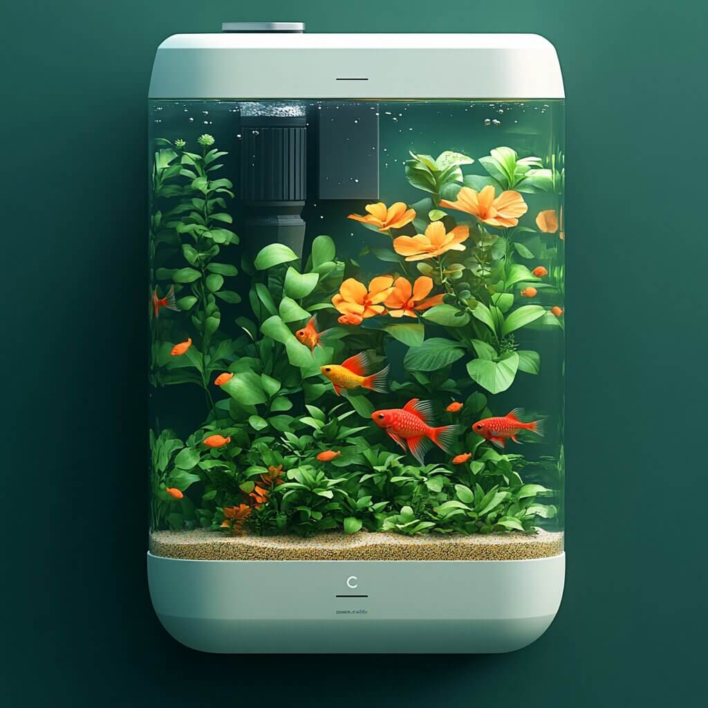 A rectangular fish tank with green plants, orange flowers, and several small orange fish—including betta fish—swimming inside. The background is a solid green color.