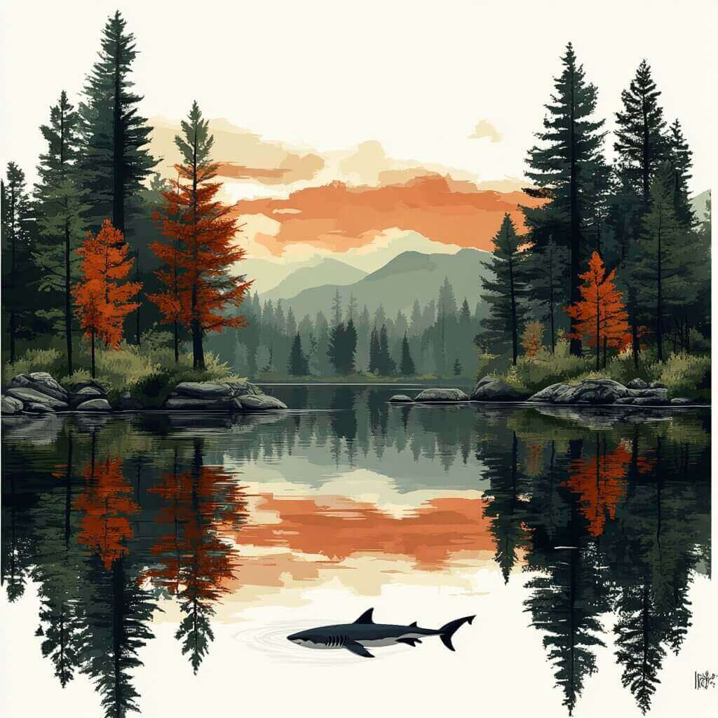 A serene lake scene featuring pine trees with autumn foliage and mountains in the background. A shark, an unexpected guest in these freshwater surroundings, swims in the foreground, its fin visible above the water.