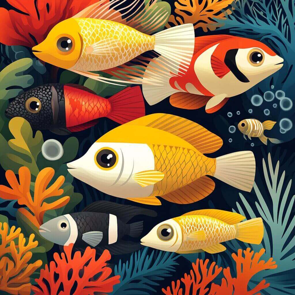 A vibrant illustration of various colorful fish, which can breathe oxygen through gills, swimming among corals and aquatic plants in an underwater scene.