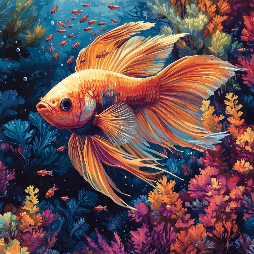 A vibrant orange and yellow fish swims among colorful corals and plants in an underwater setting, surrounded by smaller fish, reminiscent of a serene scene one might observe while learning *how much to feed beta fish*.