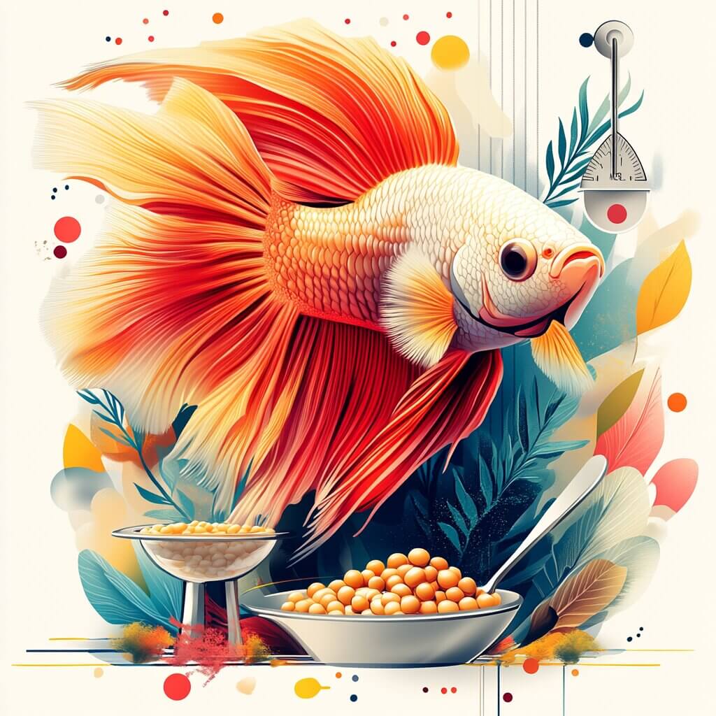 A vibrant, orange betta fish swims above bowls of fish food, with a white scale hanging on the right to help determine how much to feed betta fish. The scene is set against an abstract background with colorful plants and dots.